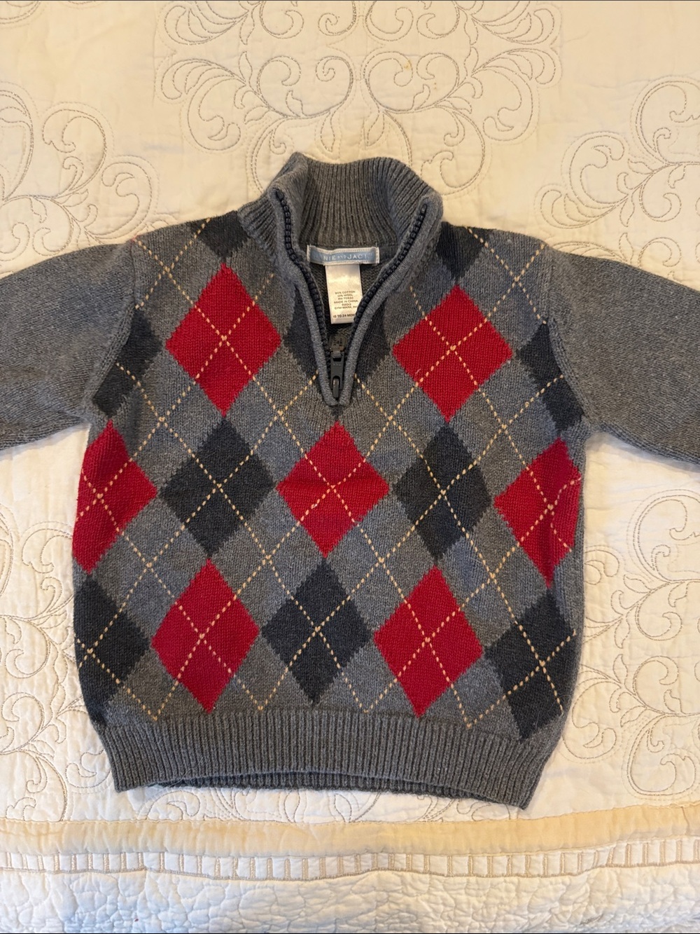 Janie and Jack Gray Sweater with Red Argyle